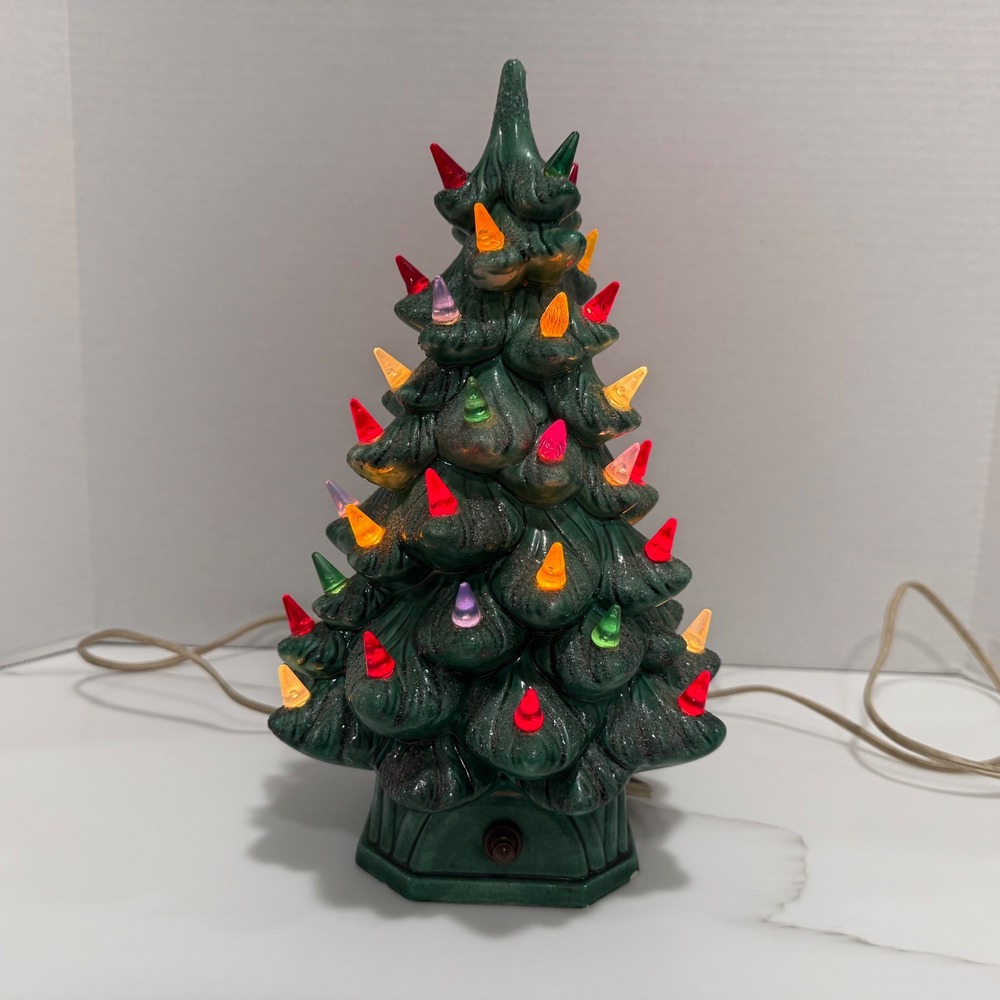 Vtg 1960 Holland Mold 11" Ceramic Christmas Tree Green Multicolor Lights Working